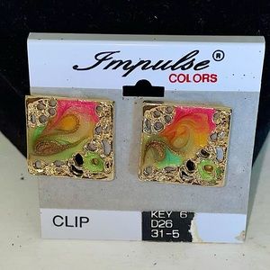 VINTAGE Gold Tone Multicolor Swirl Clip On Earrings